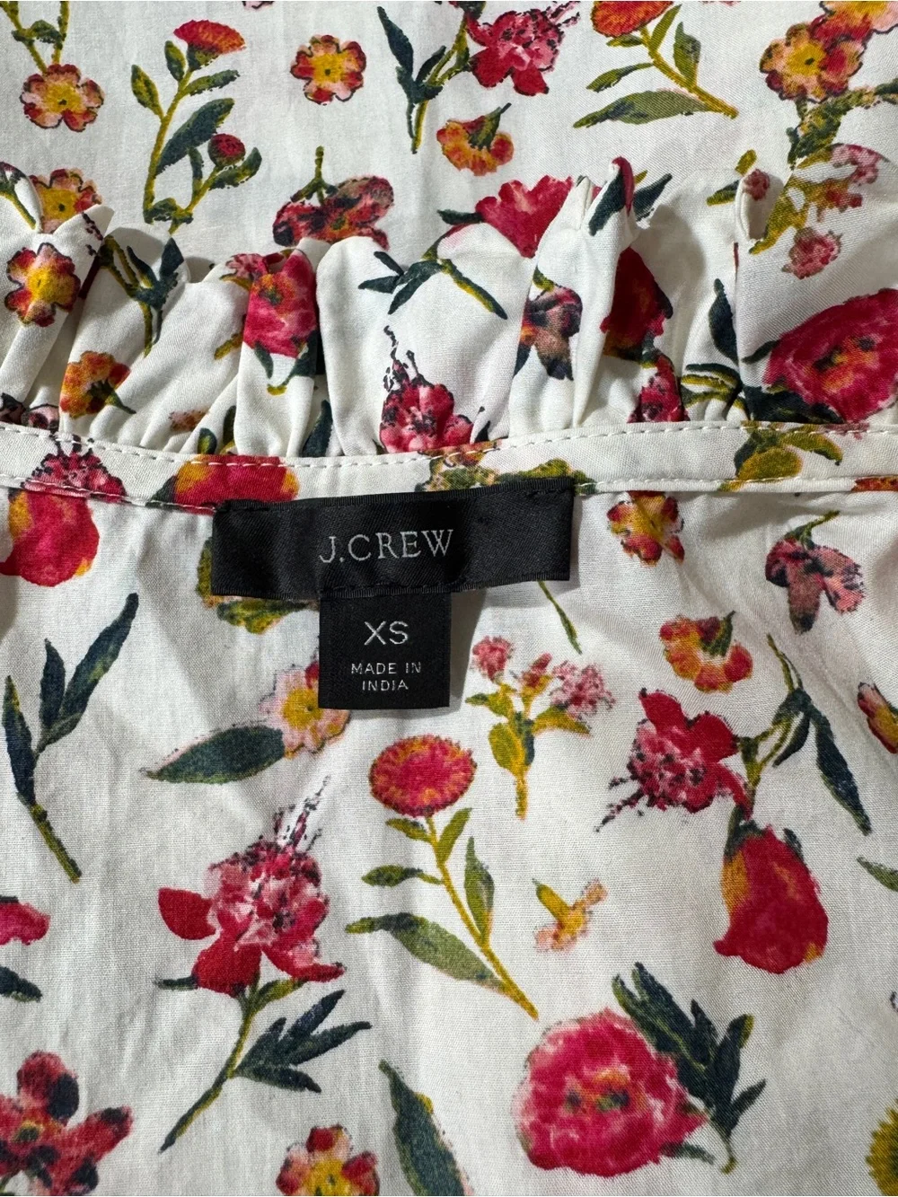 WSH64 {J. Crew} White Pink Floral Ruffle Neck Long Balloon Sleeve Tunic Blouse
